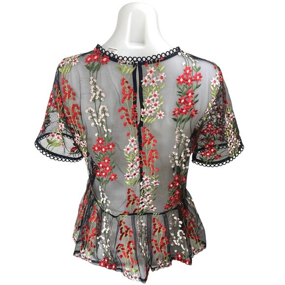 Loveriche Black Mesh Sheer Floral Embroidered Short Sleeve Peplum Blouse Top M - Picture 2 of 5